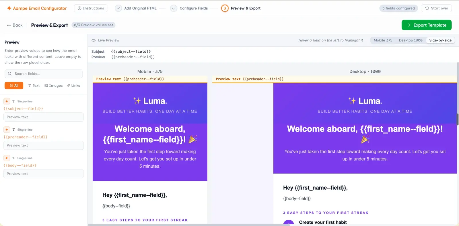 Email Configurator preview and export: fields configured, with mobile and desktop previews side by side