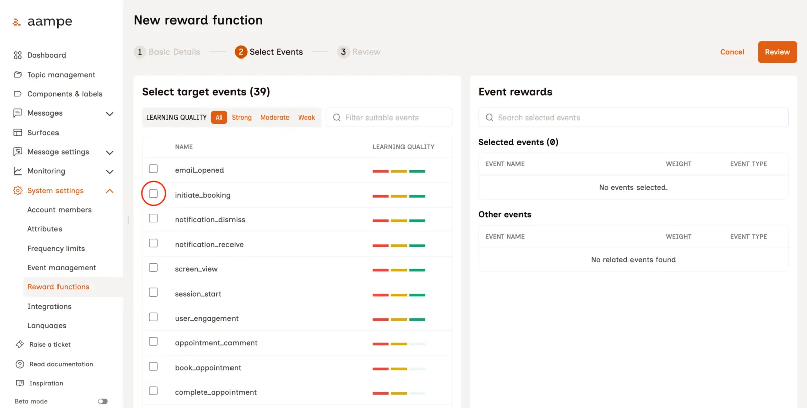 Selecting target events for a reward function