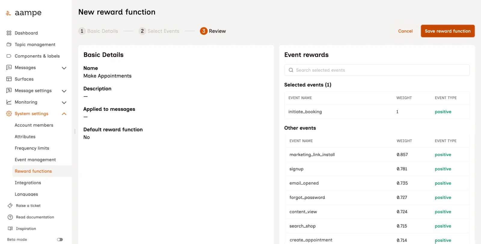 Reward function review screen in Composer