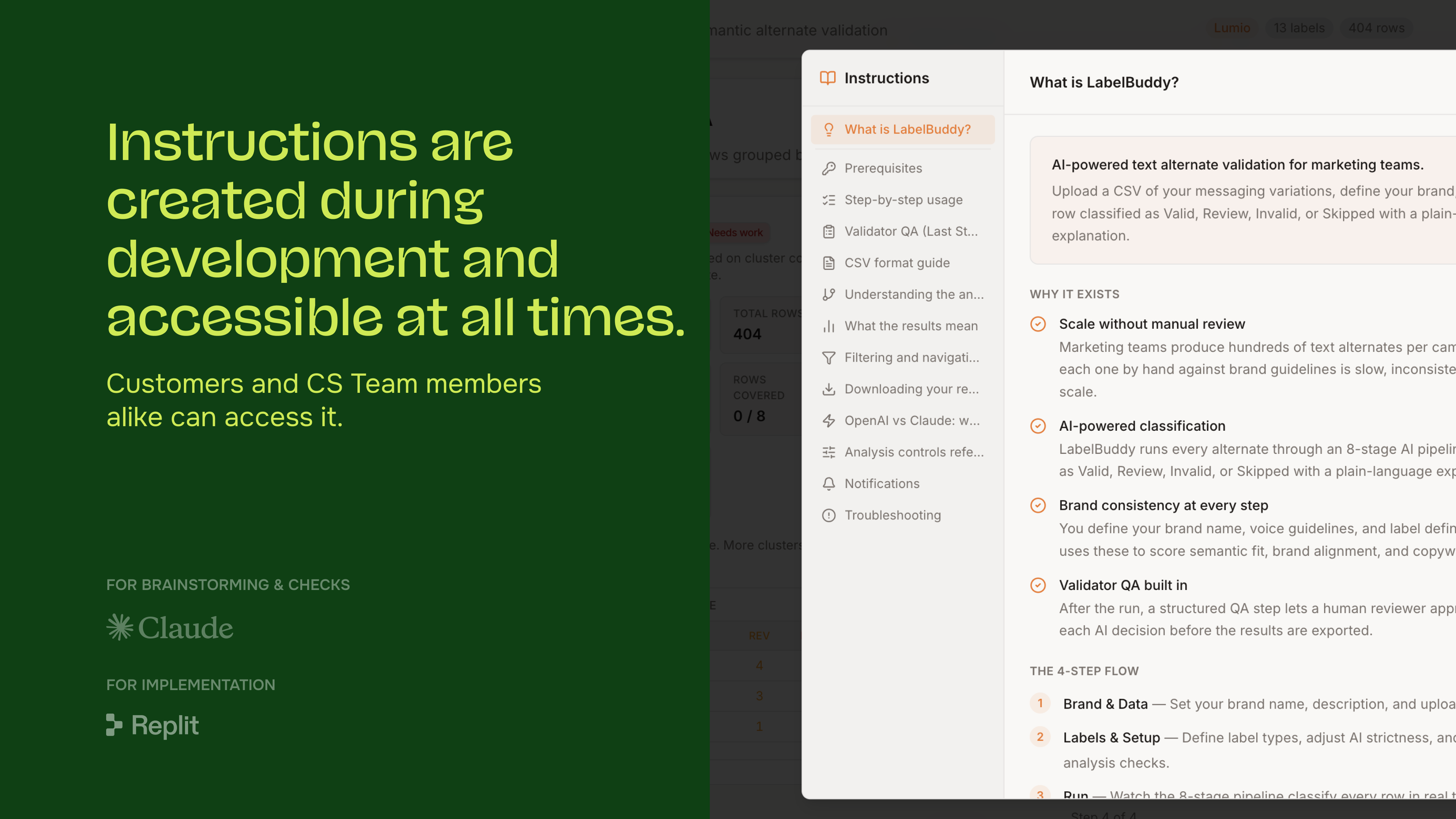 Built-in docs — 8-stage pipeline, brand setup, and CSV flow in one surface