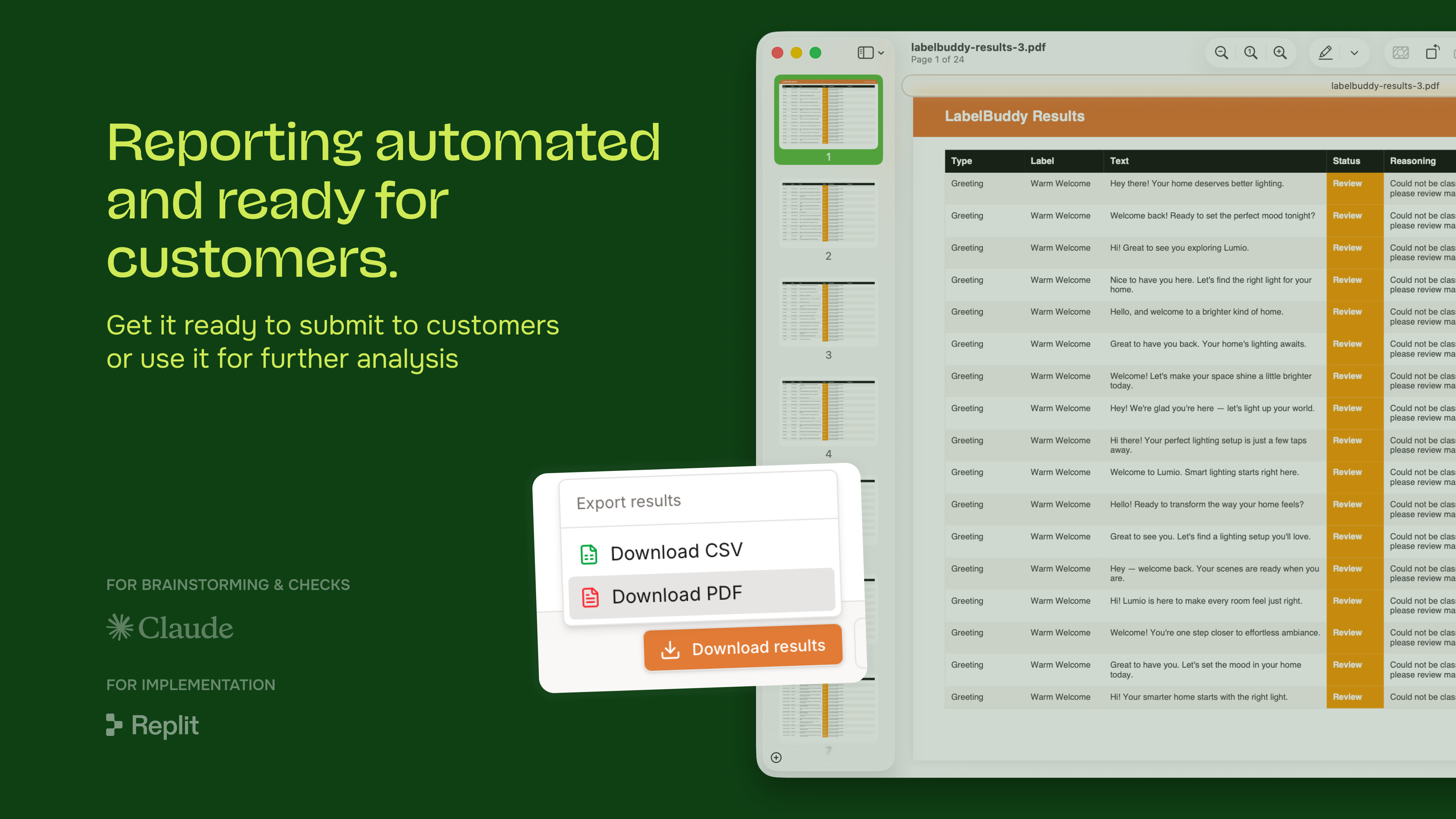 Export and reporting for onboarding QA — shareable output from each pipeline run