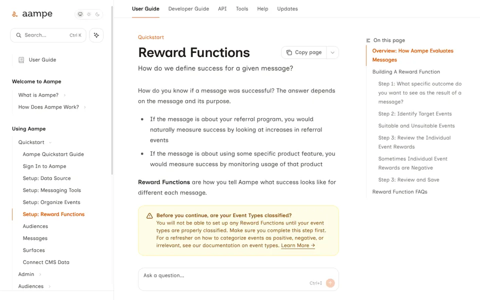 The Reward Functions quickstart on kb.aampe.com