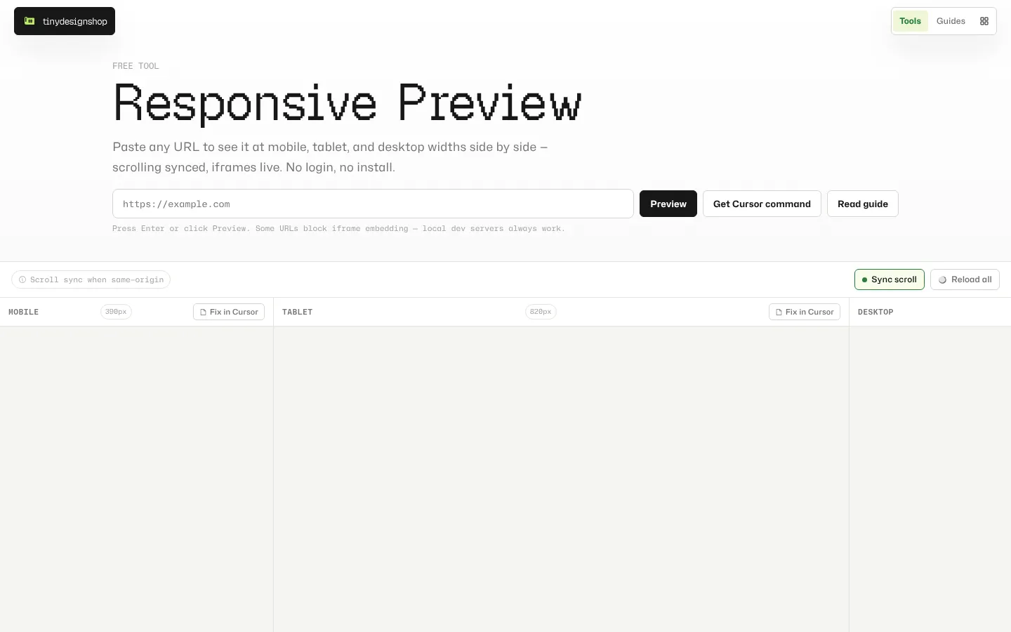 Responsive Preview showing one page at three widths